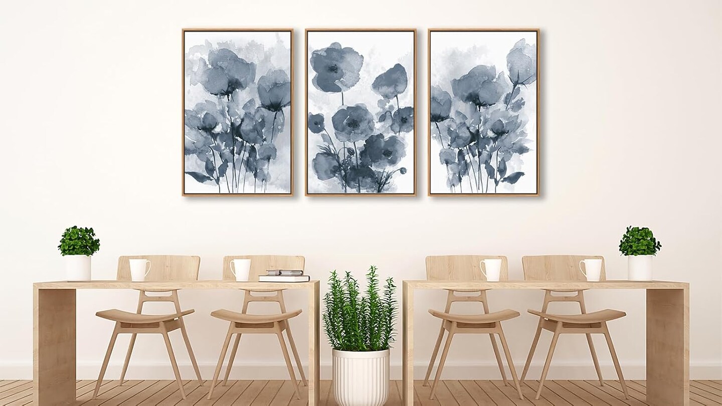 Botanical Framed Wall Art - Abstract Watercolor Style Pictures Grey Blue Floral Wall Decor ( 16&#x22; x 24&#x22; Set of 3 Natural Framed)