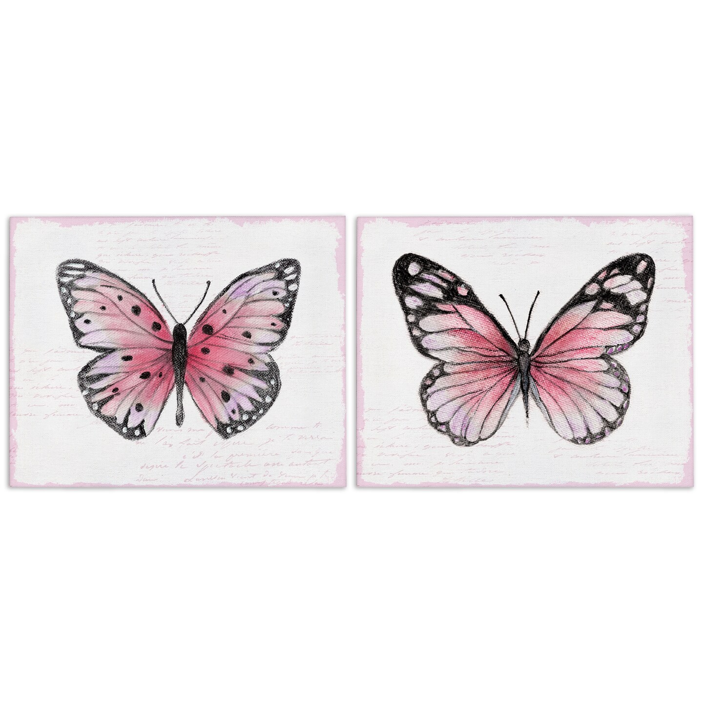 Stupell Industries Pink Butterflies with Vintage Cursive 2pc Canvas Set By Janet Tava