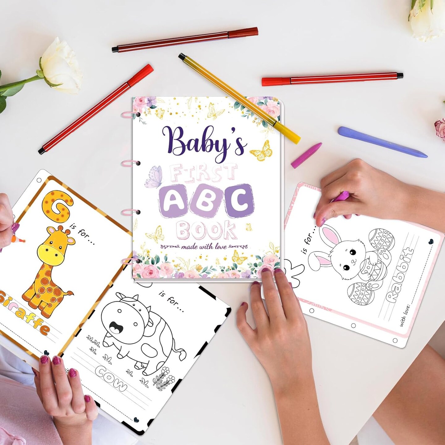 Baby’s First ABC Book Baby Shower Activity & Keepsake Game, A to Z Animal Coloring Cards with 24 Watercolor Pens, Fun & Interactive Baby Shower Game