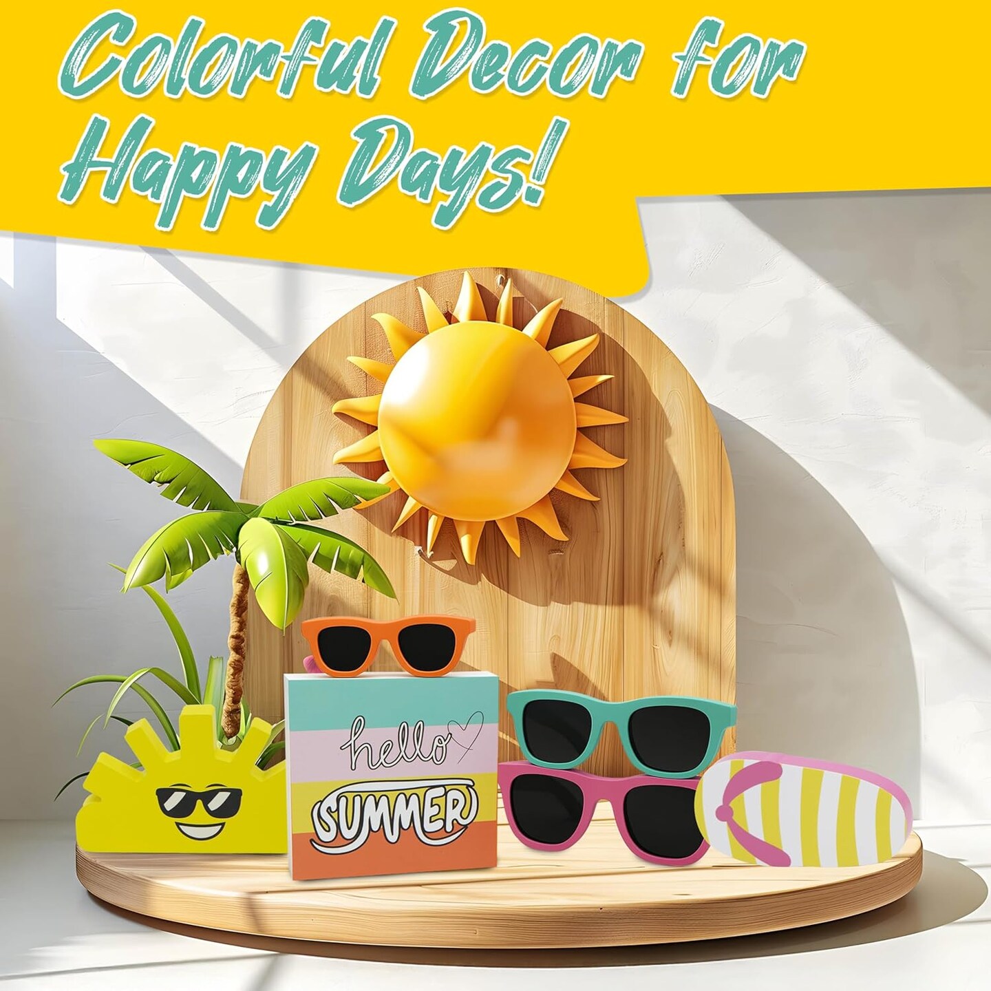 4E's Novelty 6 Pcs Summer Wooden Signs Rustic Hello Summer Wood Sign Set for Wooden Sunshine Table Decor, Mantel, or Party, Vibrant Summers Table Wood Decorations for Homeowners, Event Hosts