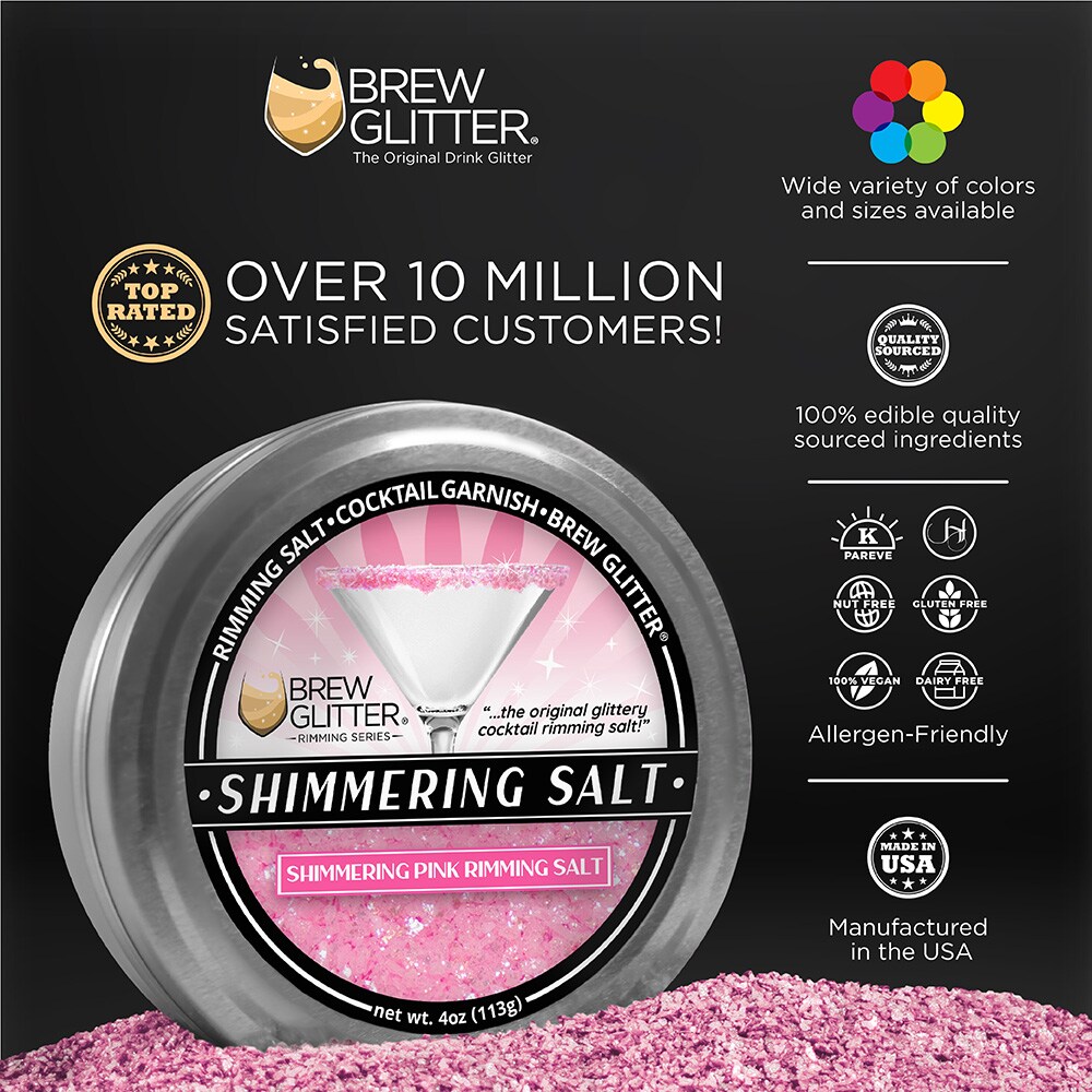 Brew Glitter - Shimmering Pink Rimming Salt (4oz, 1x Bar Tin) Edible Glitter Blended Cocktail Garnish for Mixed Drinks and Beverages