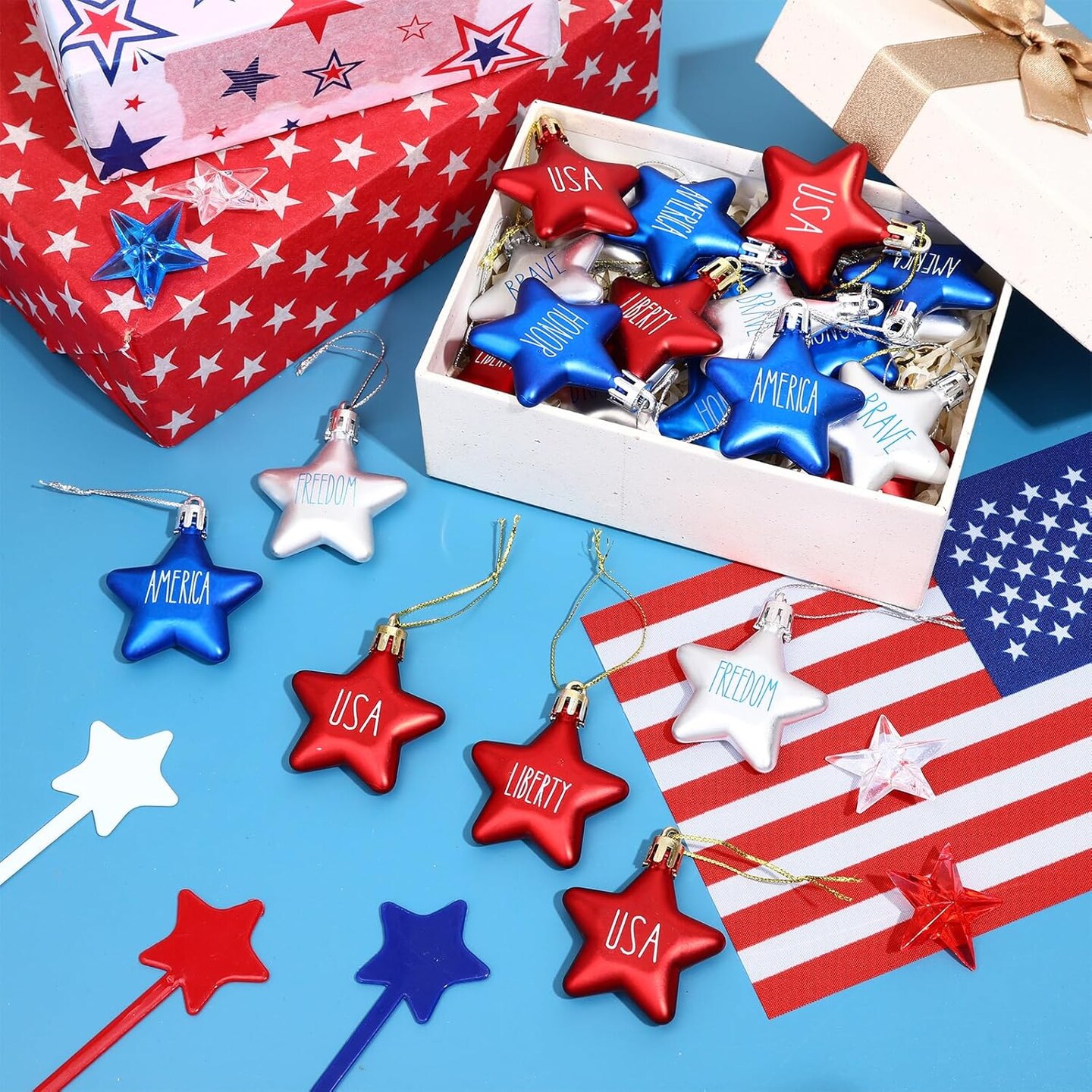 24Pcs 4th of July Patriotic Hanging Star Ornaments Hanging Small Star Decorations