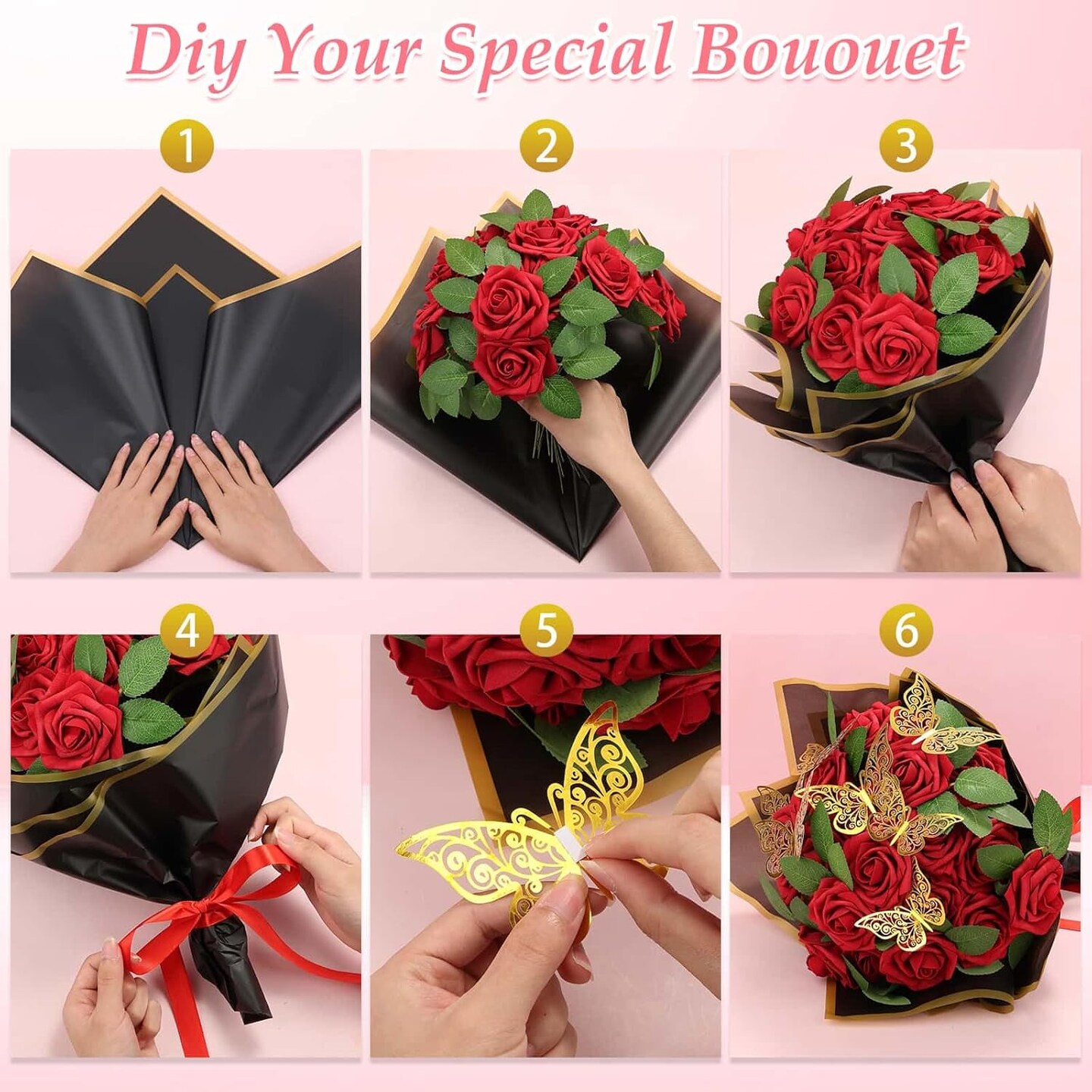 Bouquet Wrapping Paper with Artificial Foam Roses Red Flowers with Stems Gold Butterfly