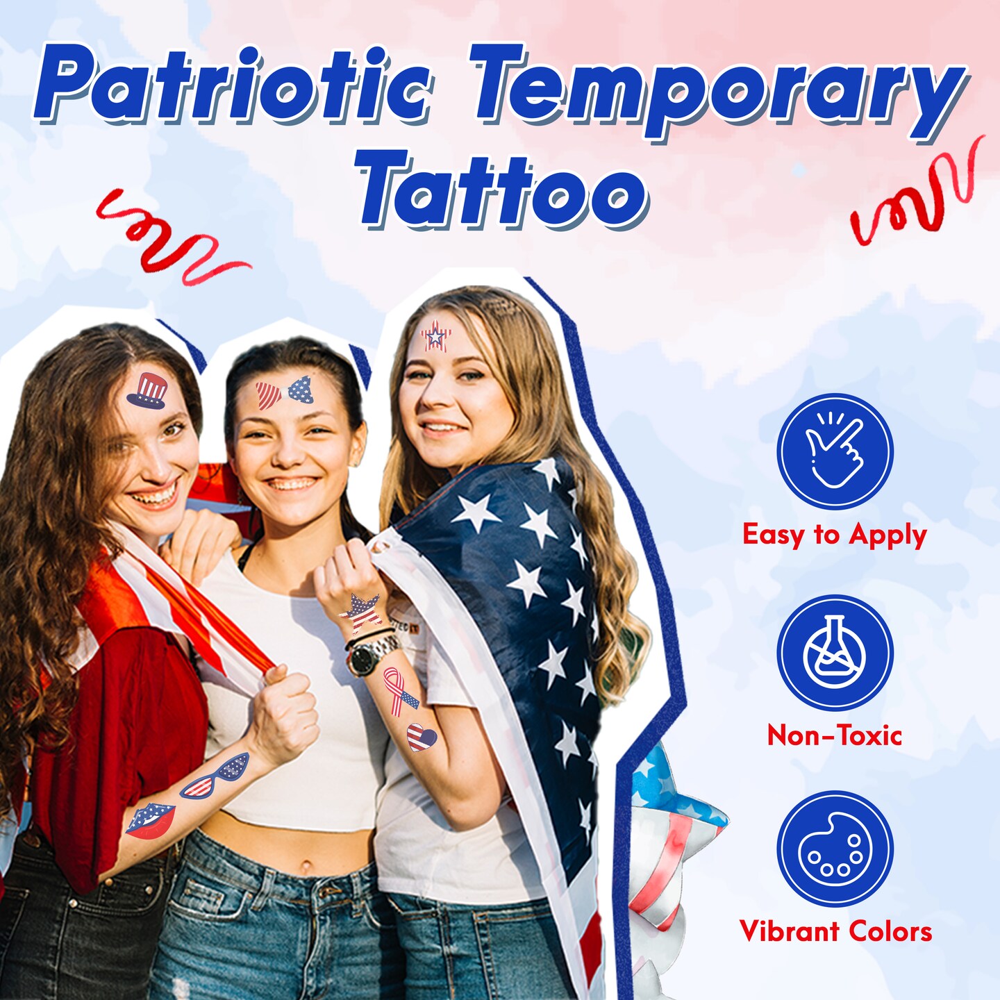 4E&#x2019;s Novelty Patriotic Temporary Tattoos 100 Pcs, 4th of July Tattoos for Kids, American Flag Temporary Tattoos, Waterproof Fake Tattoos for Independence Day Party Supplies, Memorial Day Decorations