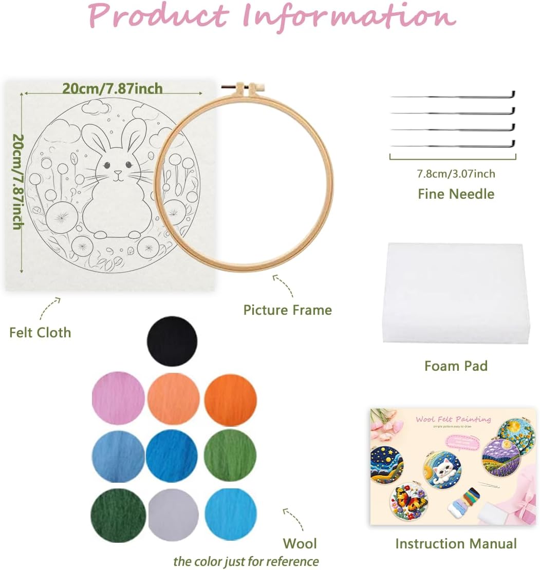 Needle Felting Kit, Easy Needle Felting Wool for Beginner with Picture Frame, Foam Pad, Instructions, and Felt Cloth, Great Gift Decoration