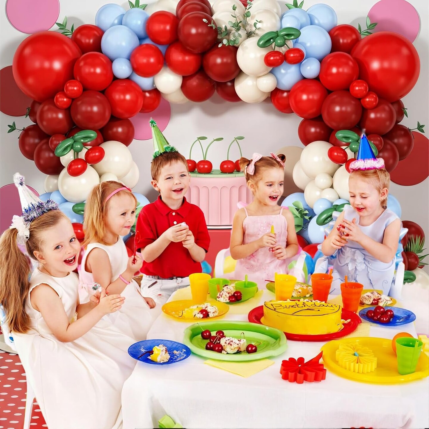 Blue and Red Cherry Balloon Garland Arch Kit, Red Blue White Sand Green Long Balloons