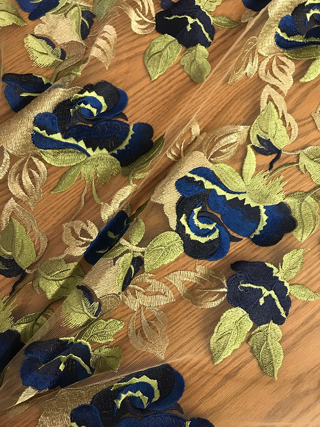 1 Yard Blue Rose Embroidered Lace Mesh Fabric Metallic Champagne Leaves 58/56&#x22; wide