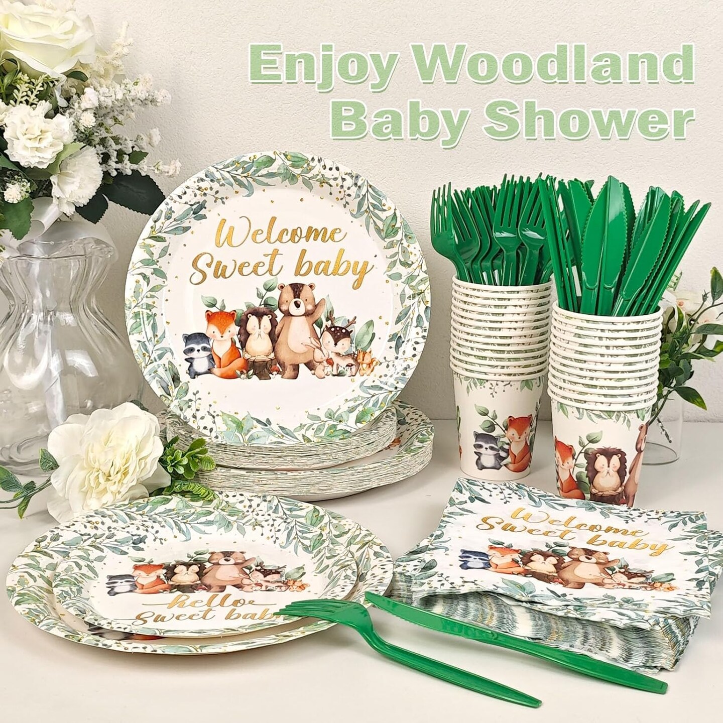 150 PCS Woodland Baby Shower Plates Set Decorations - Woodland Animals Paper Plate Cups and Napkins Disposable Tableware Woodland Theme