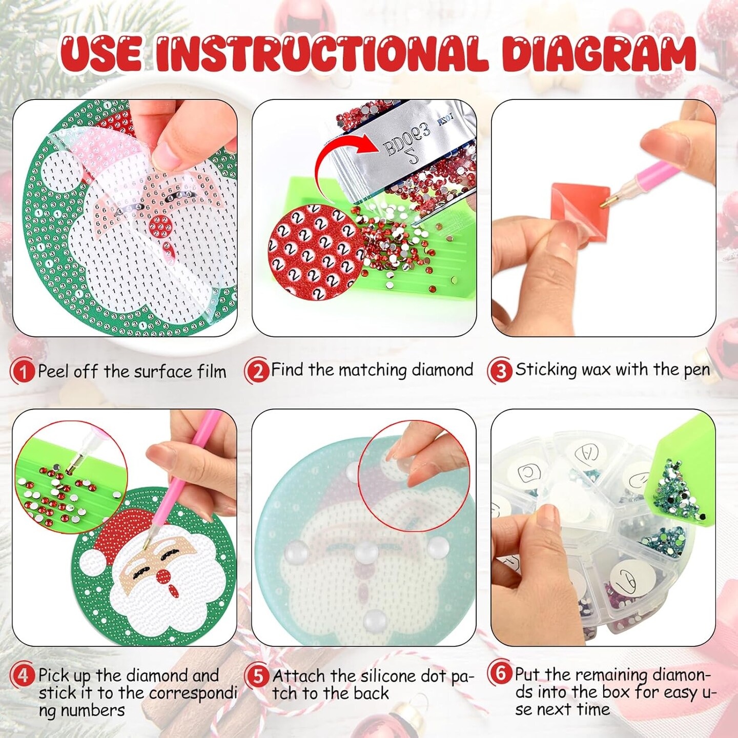 Diamond Coasters Art Painting Kit, 8pcs Diamond Christmas Art Coasters with Holder