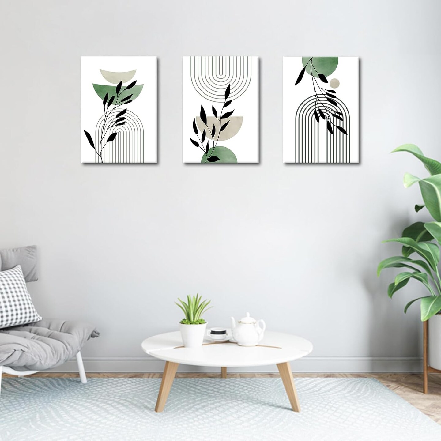 Boho Sage Green Canvas Wall Art Set of 3