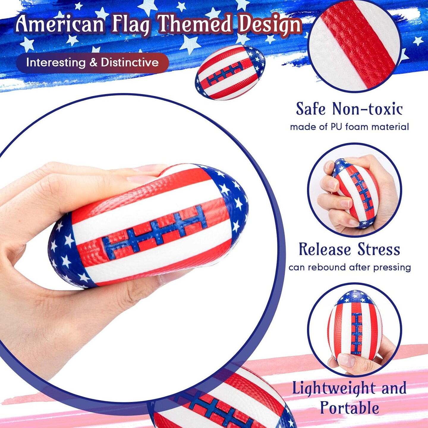 48 Pcs 4th of July Football Stress Ball 3.35 Inch Mini Independence Day Foam Patriotic Relief Toys