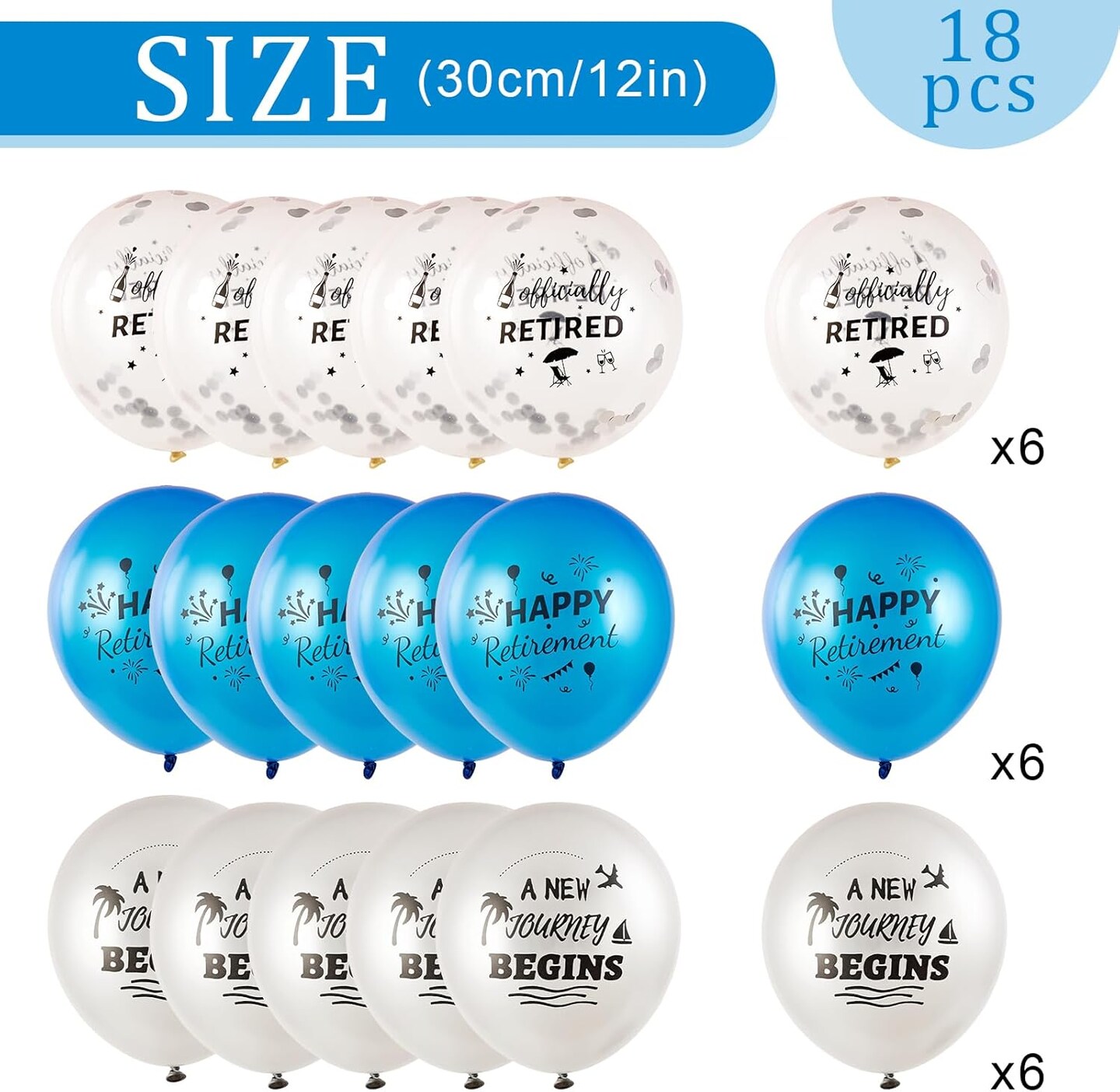 18 Pcs Happy Retirement Balloons With Pattern 12 Inch Blue and White Retirement Latex Sequin Balloons