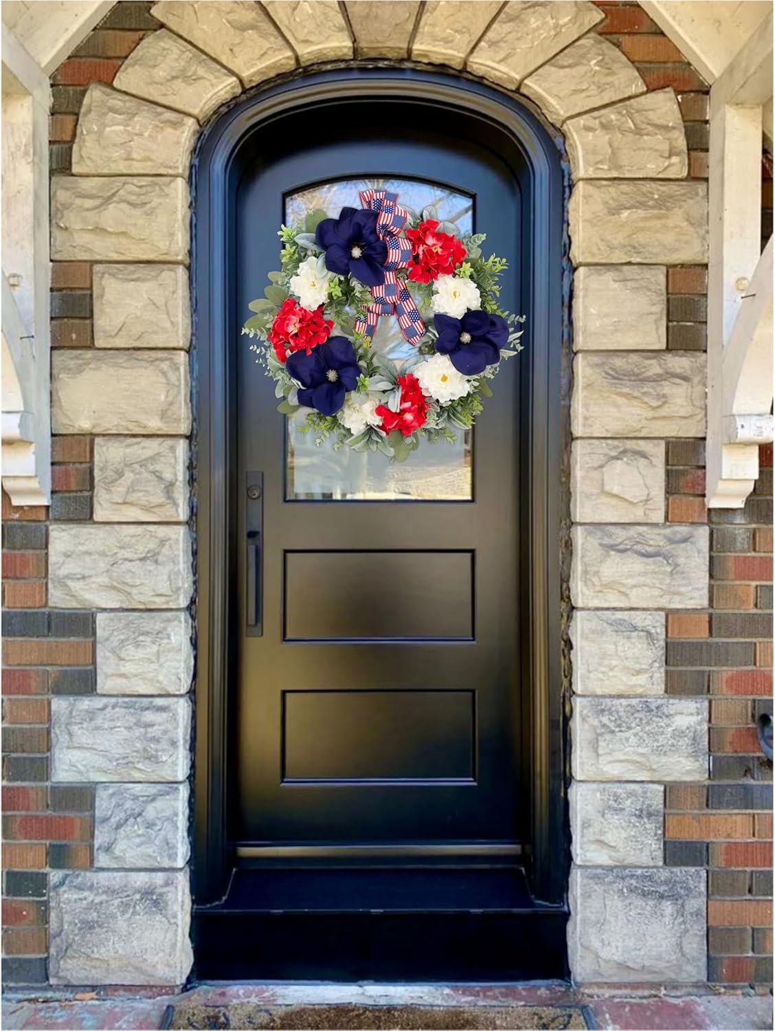 24 Inch Patriotic 4th of July Wreath for Front Door, Red White Blue Flower Summer Wreath