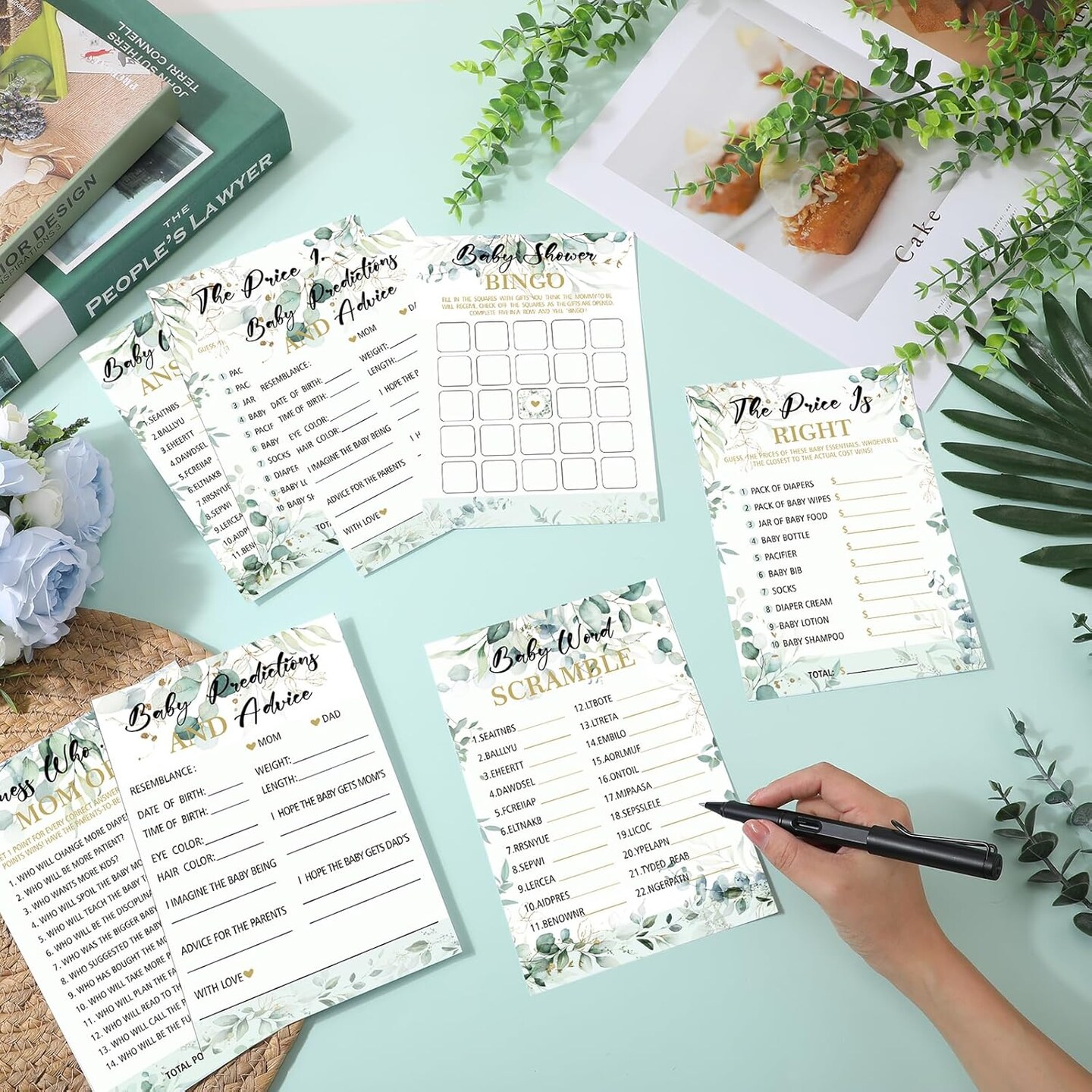 302 Pcs Greenery Eucalyptus Baby Shower Games 6 Games Activities for 50 Guests Include Baby Shower Bingo, Word Scramble, Word Search, Predictions and Advice, The Price is Right, Guess Who