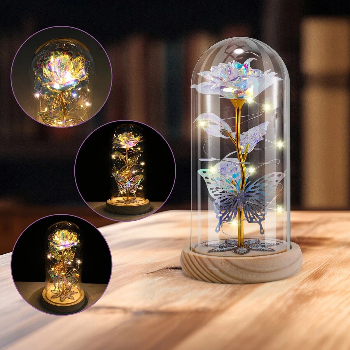 Eternal Preserved LED Rose with Butterfly in Glass Dome D&#xE9;cor