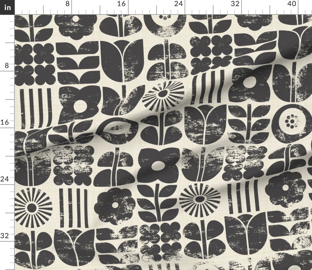 Various Fabrics by the Yard or Fat Quarter Block Print Floral Black Cream Botanical Retro Scandinavian Monochromatic Mcm Custom Printed Fabric by Spoonflower
