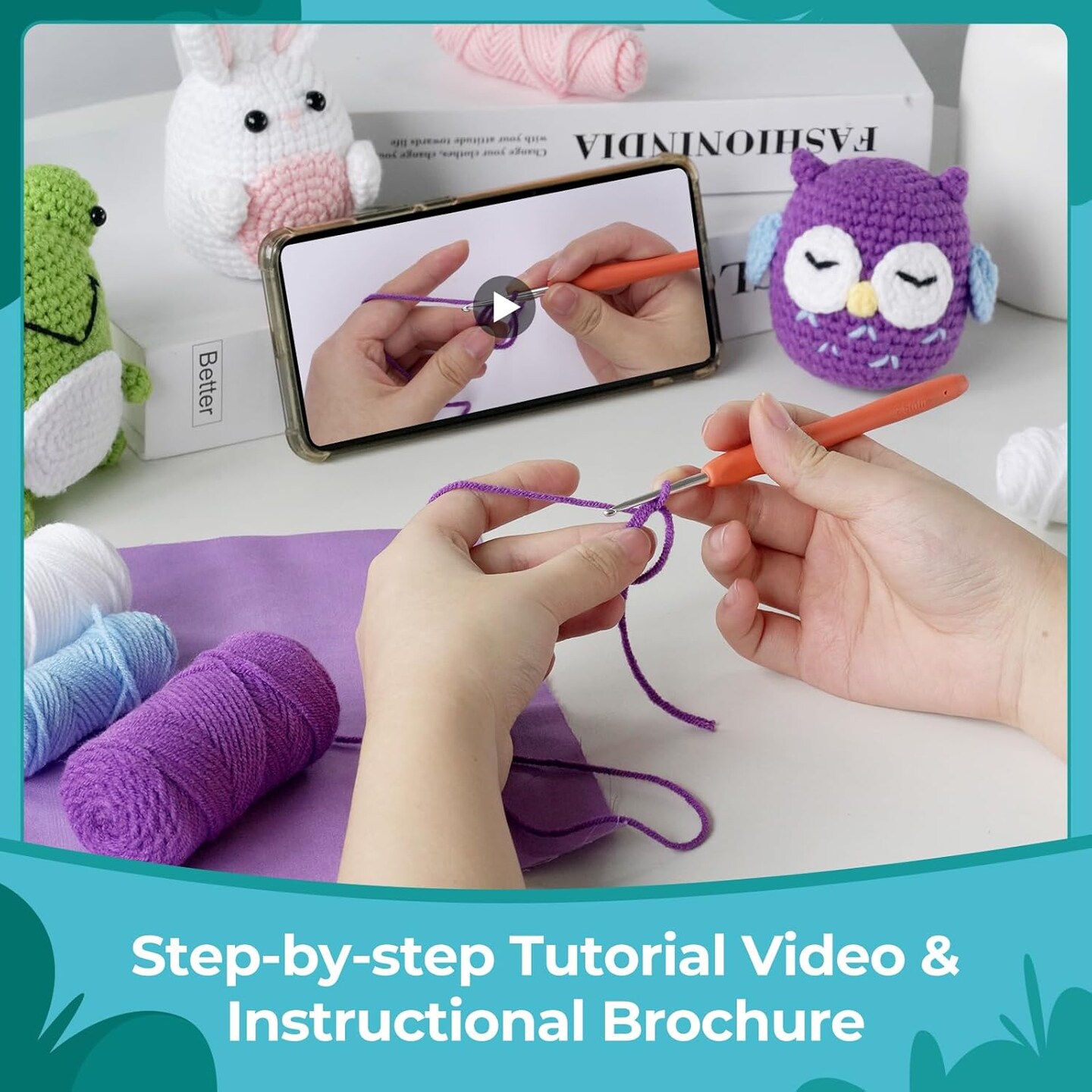 Crochet animals kit (white rabbit frog owl)