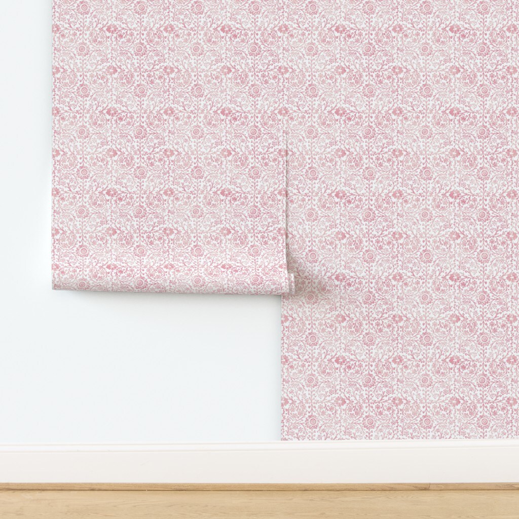 Pink Woodblock Block Print Dusty And White Rose Botanical Boho Fabric Indian Pattern Floral Rustic Custom Pre-pasted Wallpaper by Spoonflower Pre-Pasted Wallpaper 2FT Wide