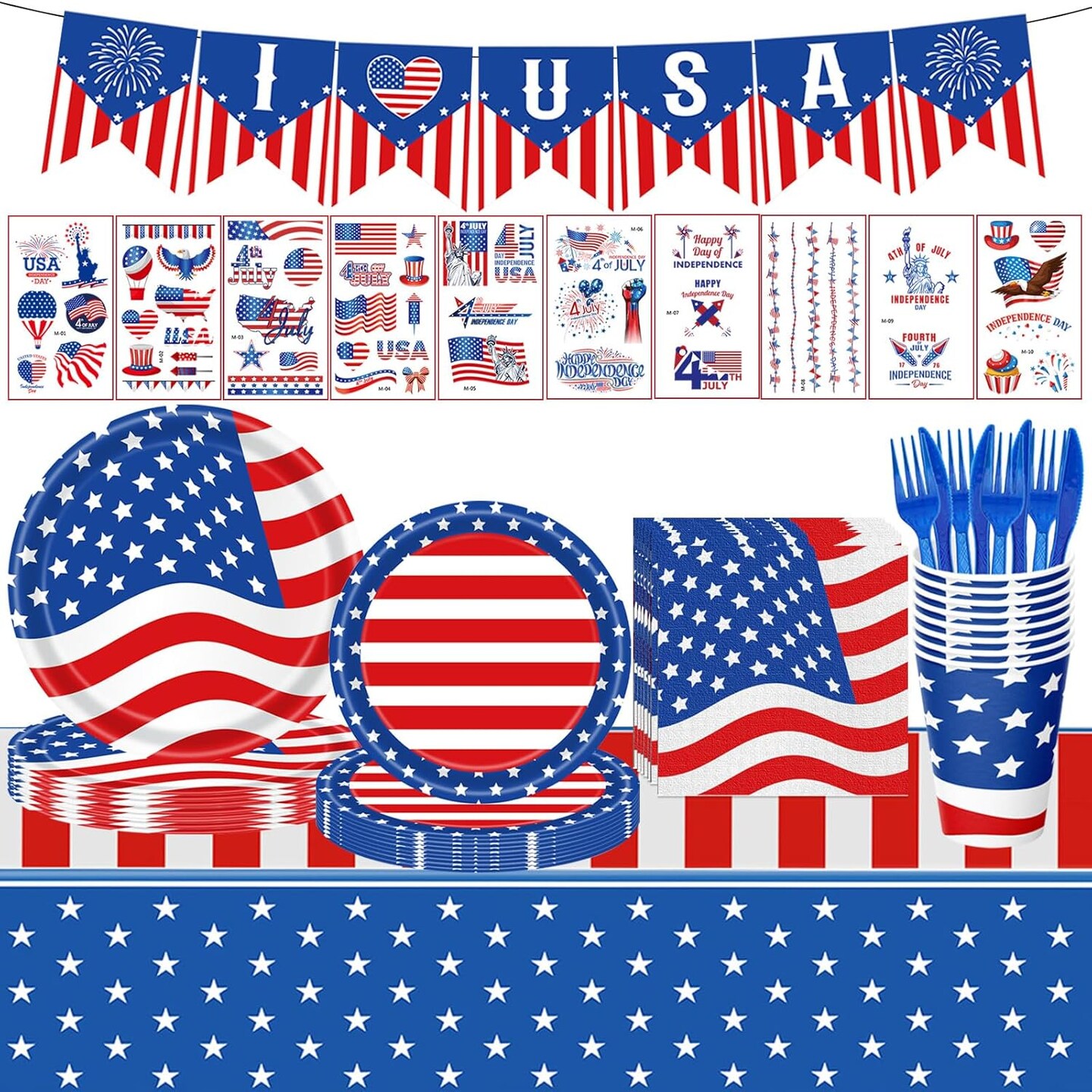 98PCS 4th of July Party Supplies – Plates, Napkins & Tablecloth for 16 Guests