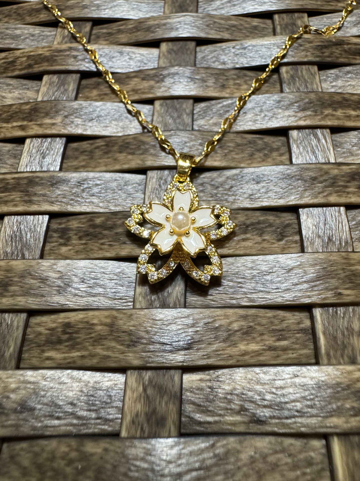 Gold Spinning Cherry Blossom Necklace with Cubic Zirconia