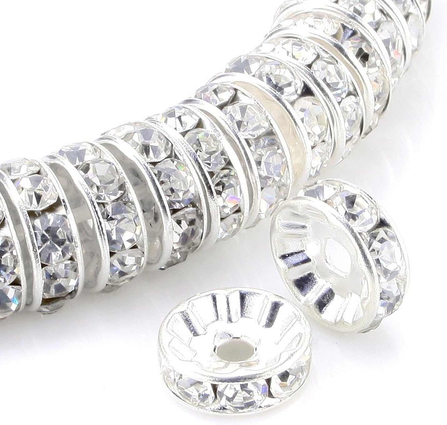 100Pcs Rondelle Spacer Beads 8mm Silver Plated Czech Crystal Rhinestone