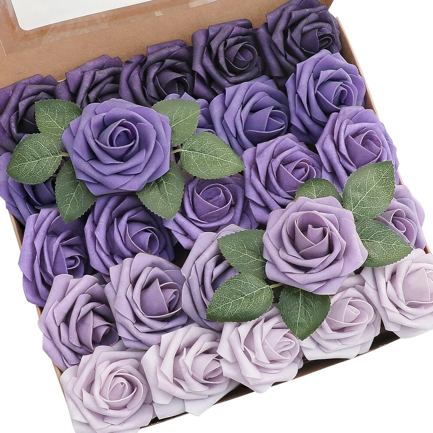 25pcs 3" Artificial Lavender Ombre Foam Roses with Stems for Tabletop Decor (Shades of Lavender)