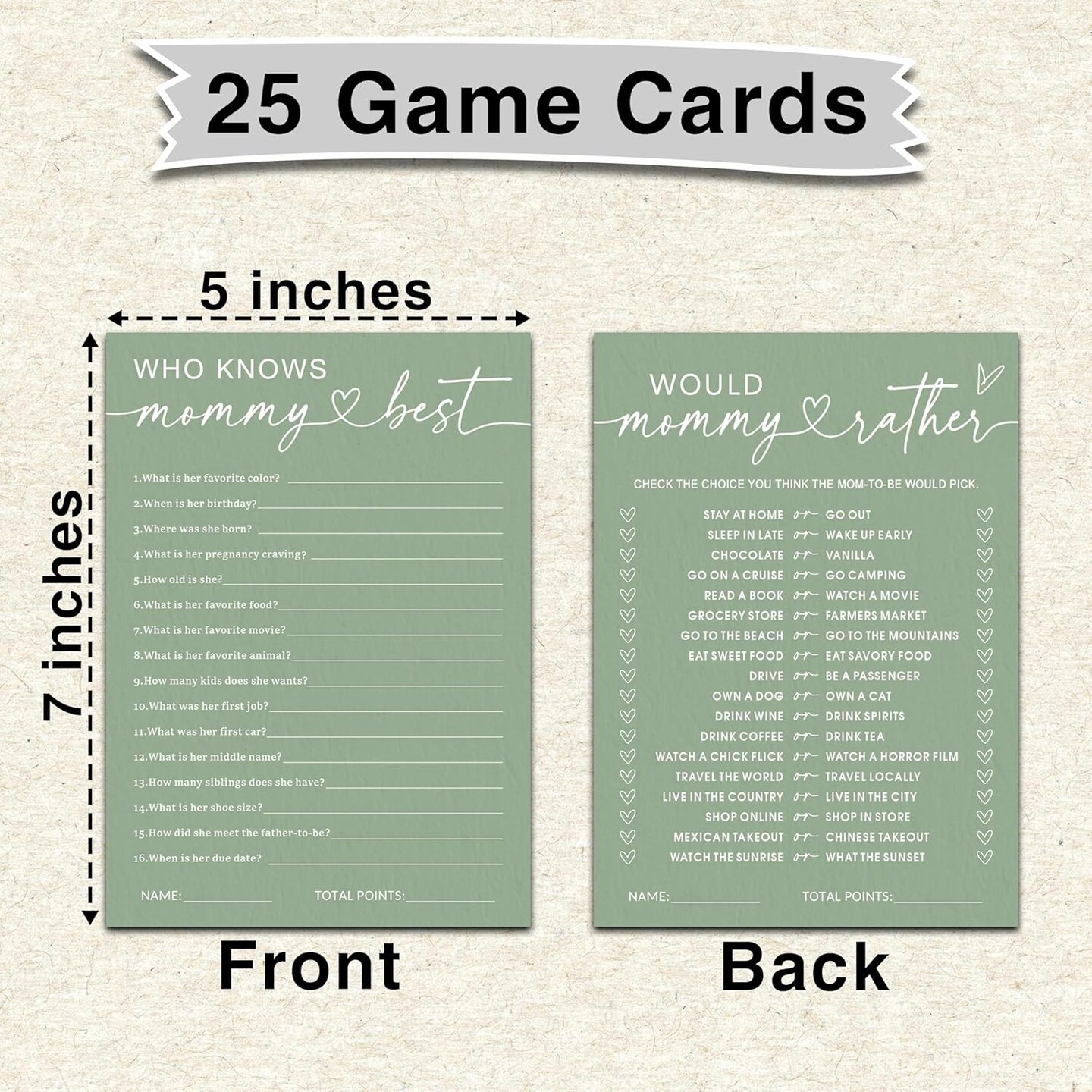 Hilarious Baby Shower Games, Who Knows Mommy Best Game, 5" x 7" Double-Sided Baby Shower Game Cards