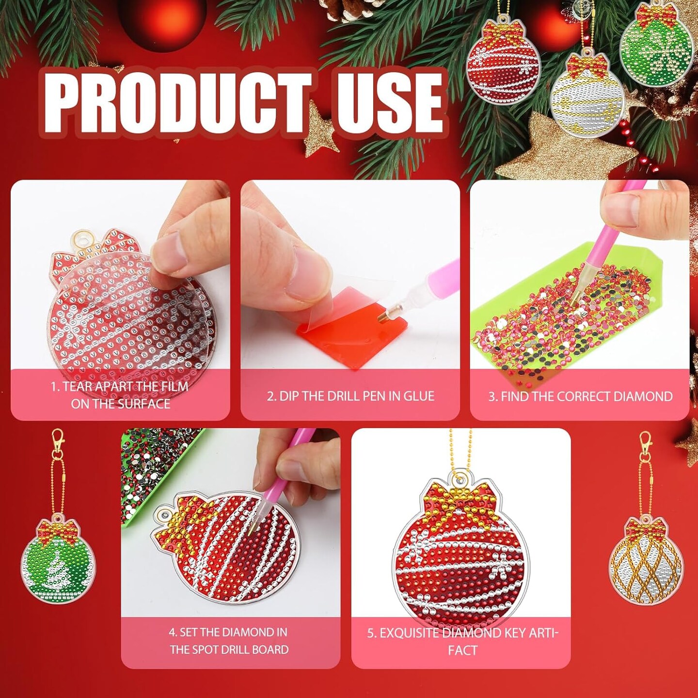 30 Pcs Christmas Diamond Art Keychains Kits