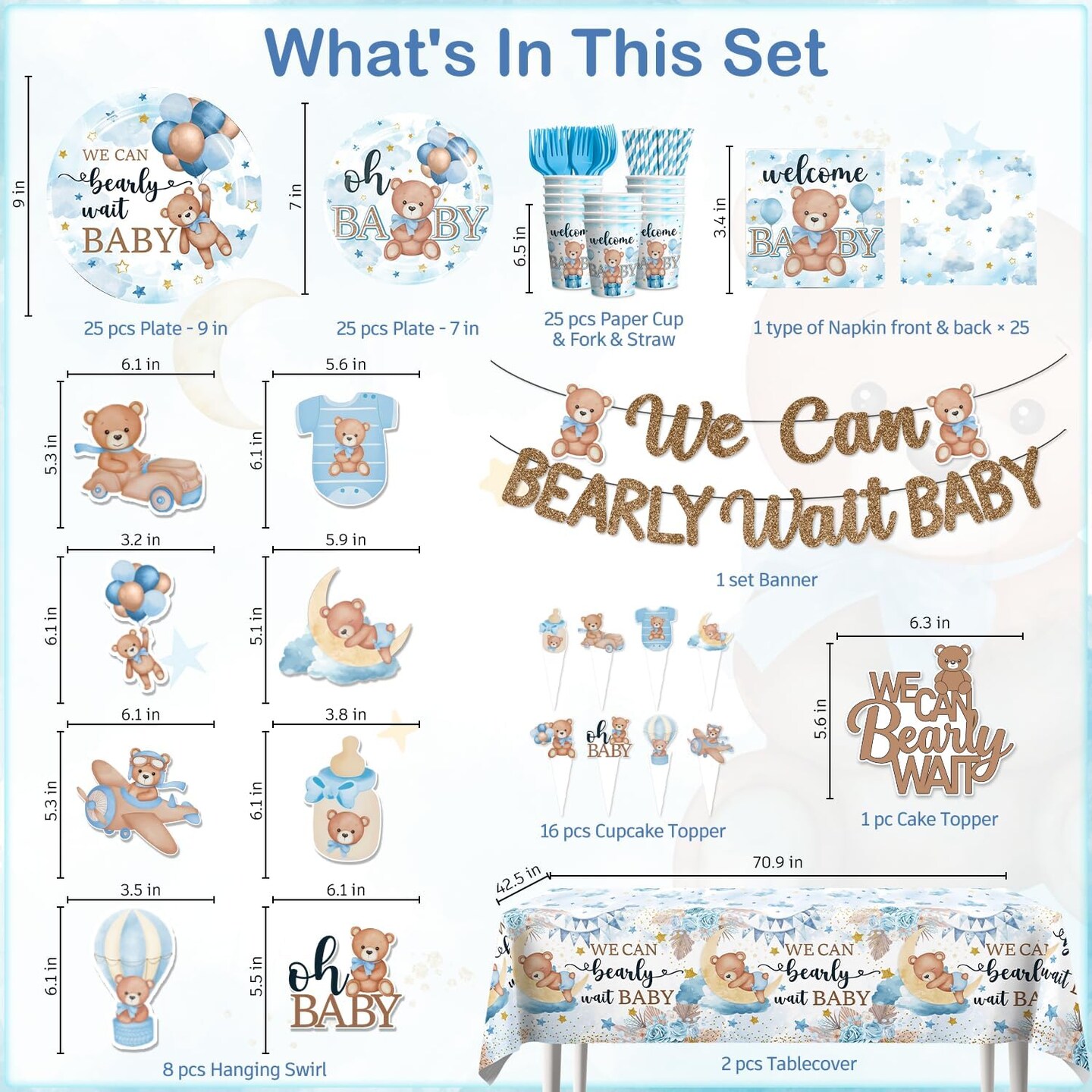 186 Pcs Blue Baby Shower Decorations Boy Tableware Set Serves 25 Guests(Blue)