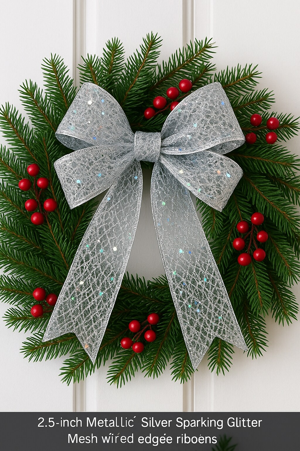 Designer’s Shop WR 63-5116 2.5” x 10 yard Holiday Metallic Silver Sparking Glitter Mesh wired edge ribbons
