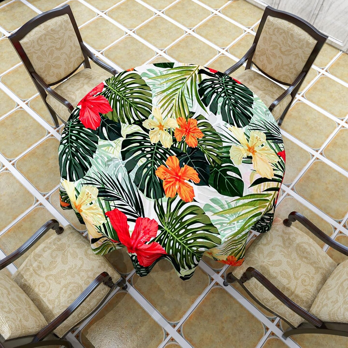 Tropical Round Tablecloth, Hawaiian Palm Tree Hibiscus Flowers Plants Tablecloths, Aloha/Luau Theme Party, Wipeable Waterproof Table Cloth for Family Dinners Patio Outdoor/Outside Events 50x50 Inch