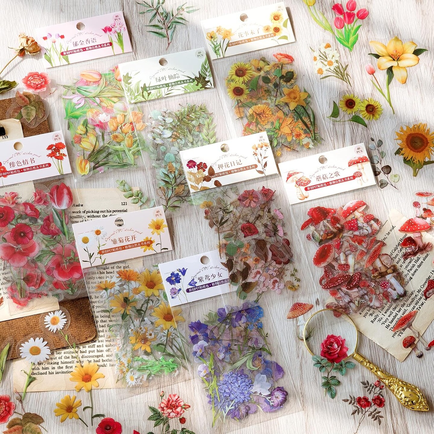 Stickers Set (320 Pieces) Pressed Flower Resin Decals Transparent