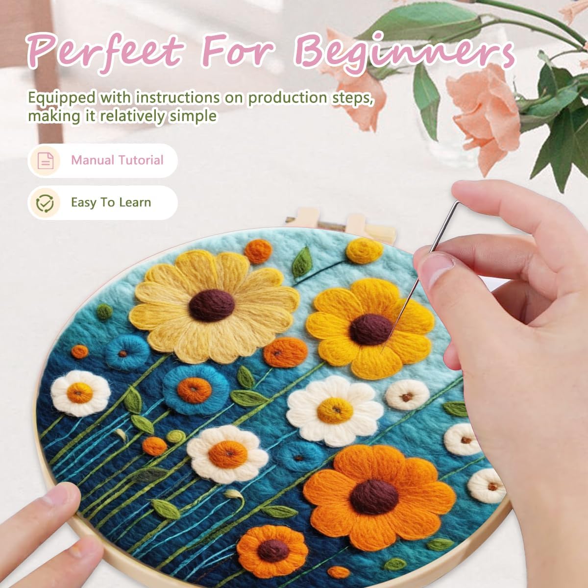 Needle Felting Kits Beginners, Natural Landscape DIY Wool Needle Felting Starter Kit, Floral Needle Felt Set with Foam Pad, Felt Cloth and Instructions, Used for Home Decoration (Blue)