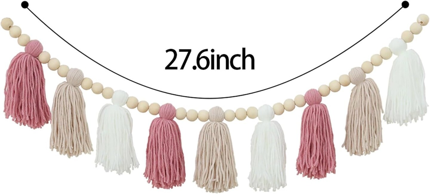 Boho Yarn Tassel Garland Pink Banner with Wood Beads