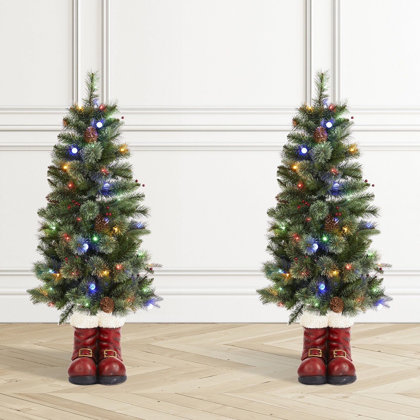Set of 2 4.5ft Christmas Santa Boots Porch Tree With LED Lights, 9 function w/Foot Pedal