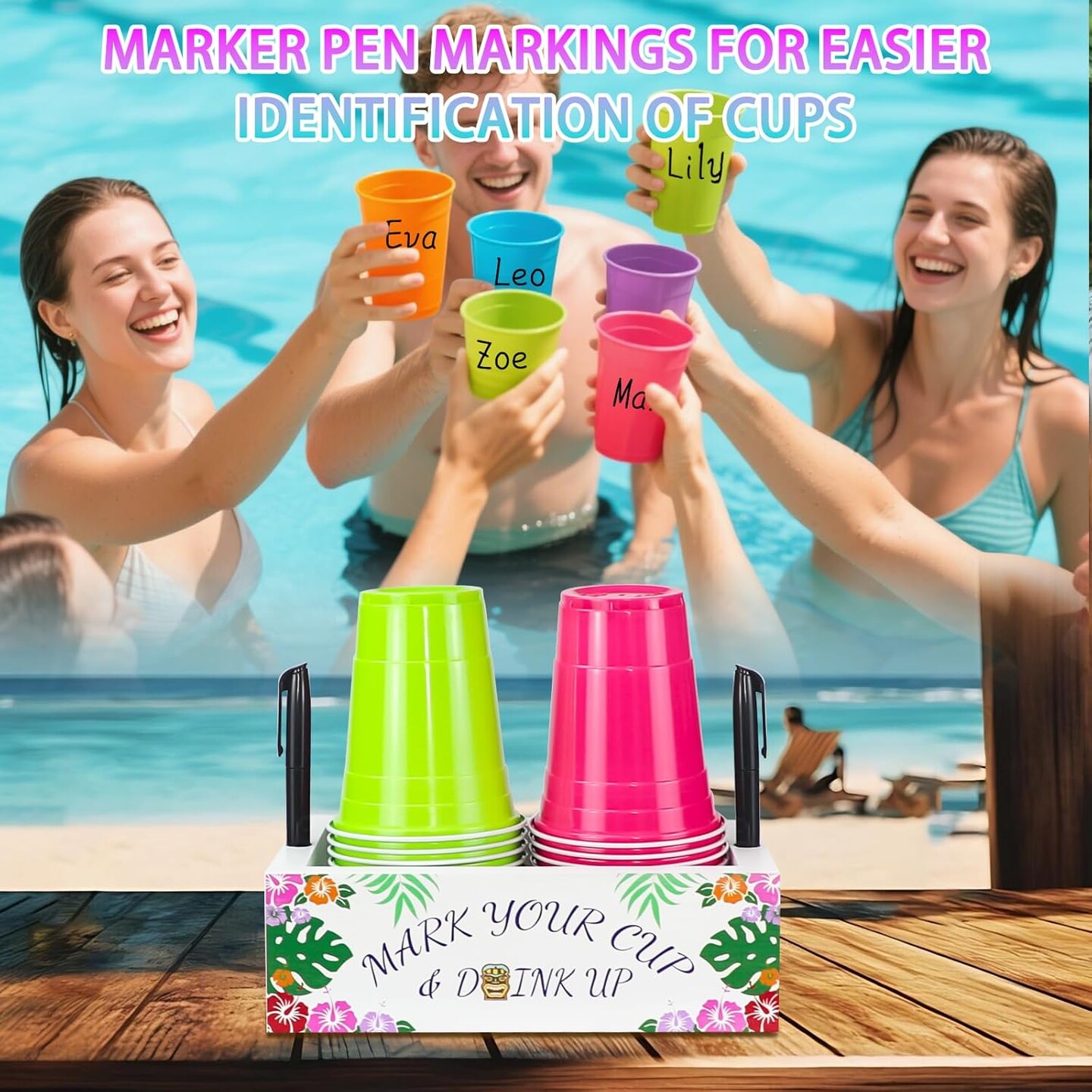 Hawaiian Luau Double Cup Holder with Marker Slot and Marker Pen, Tiki Party Supplies Decorations