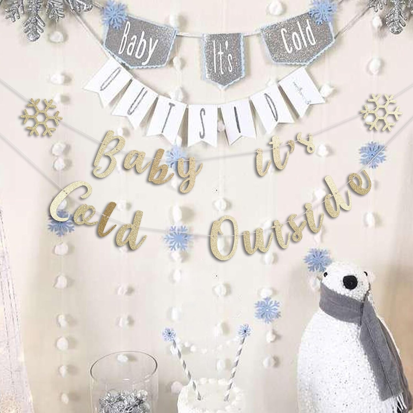 Baby It&#x27;s Cold Outside - Golden Glitter Snowflake Baby Shower Decorations,Gender Reveal Hanging Banner Sign Decor