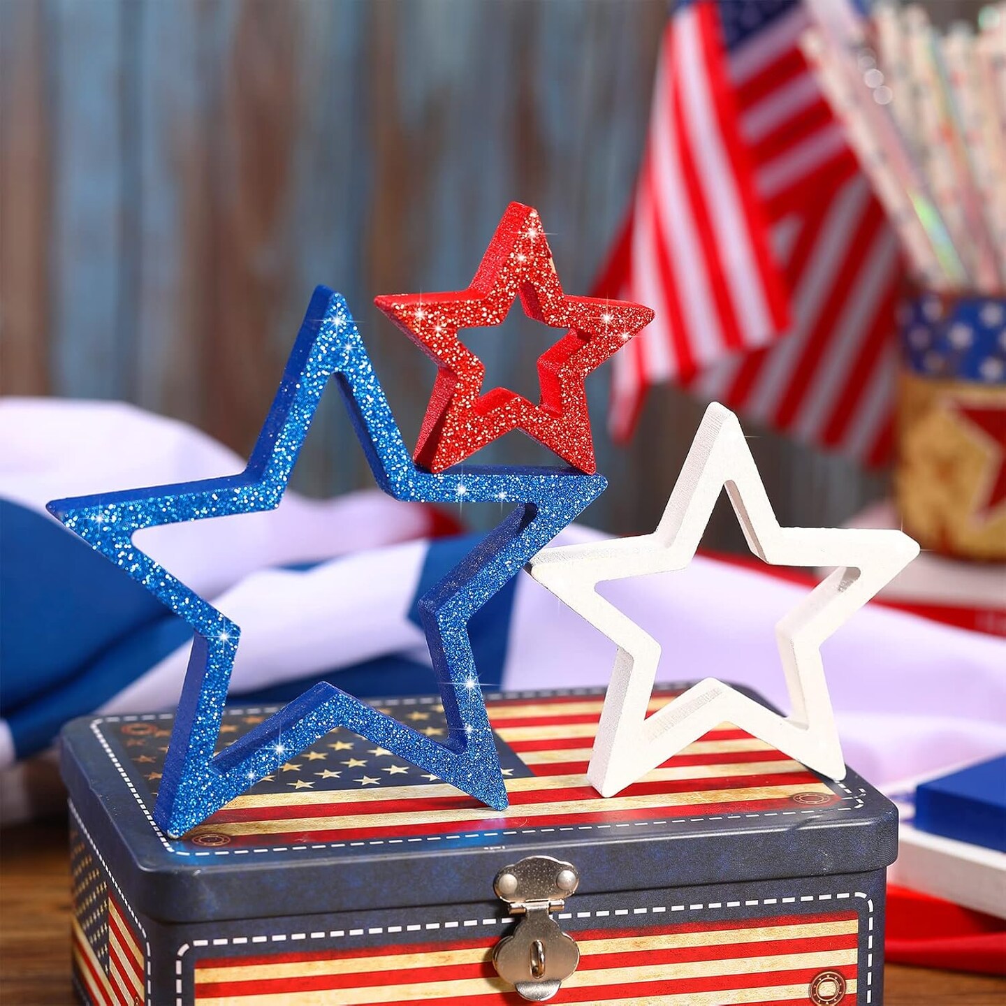 3 Pieces 4th of July Wooden Star Signs Patriotic Decoration Red, White and Blue with Glitter for Table Decor