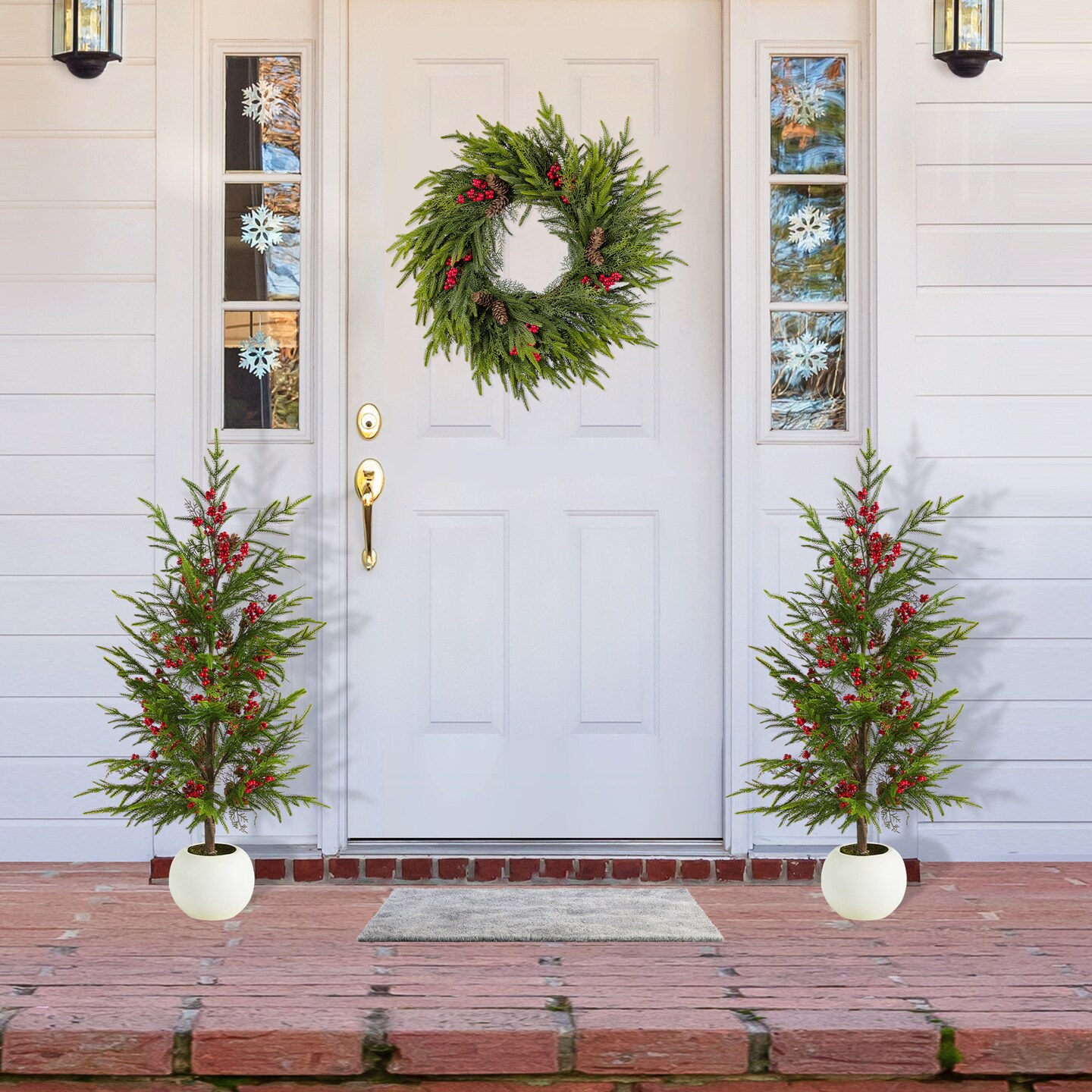 Christmas Wreath/Teardrop/Porch Tree Set with Pinecones and Red Berries