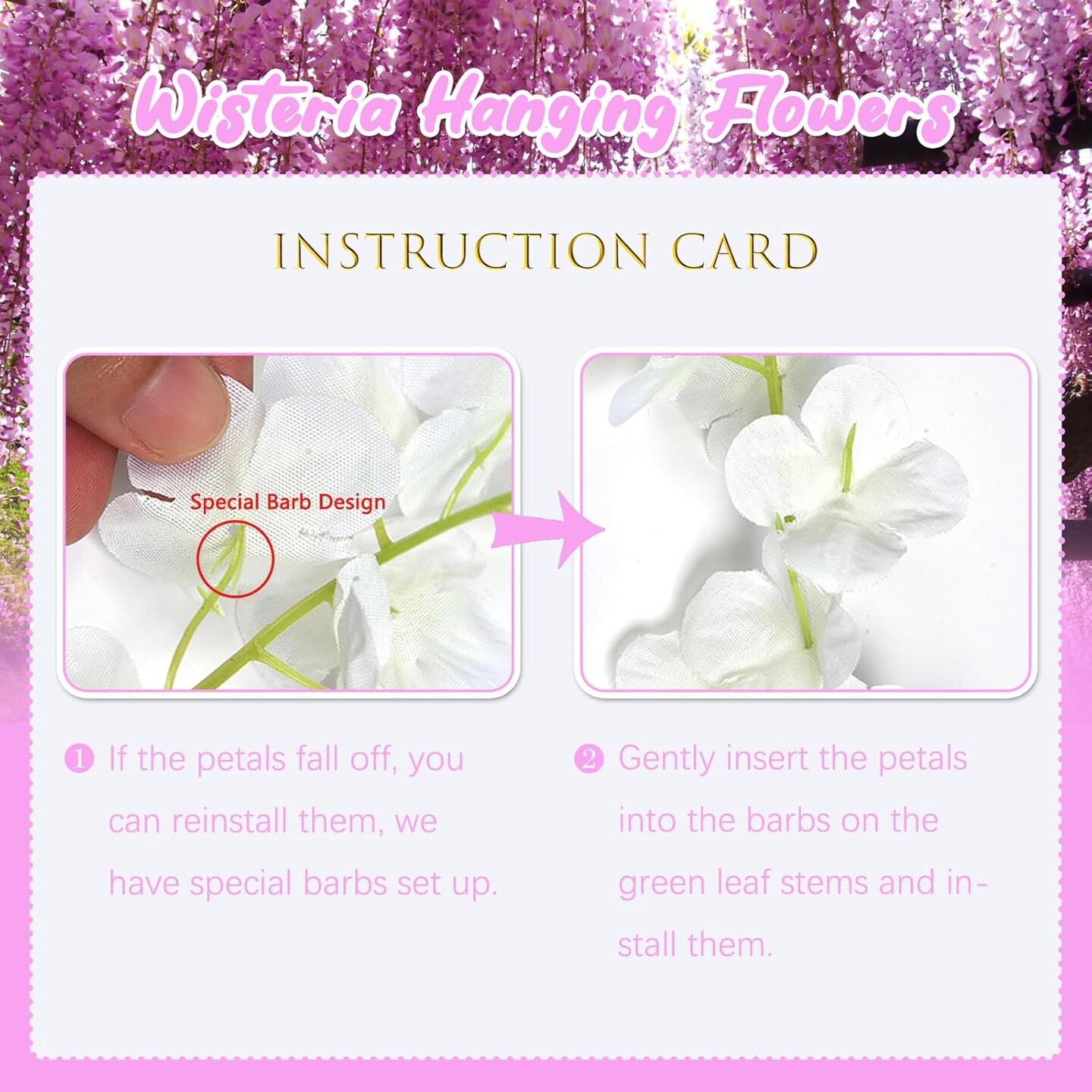 12-Pack Pink Wisteria Hanging Flowers – 3.44 Ft Artificial Silk Wisteria Garland Vines for Wedding, Room Backdrop, Outdoor Patio & Garden Decoration