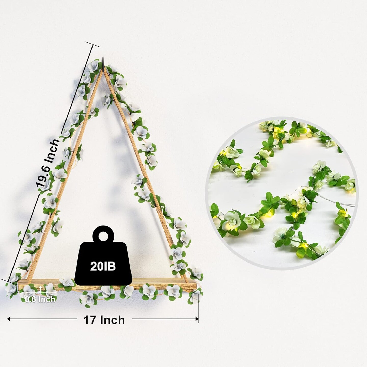 Artificial White Flower Garland with LED-Strip Wall Hanging Shelves Set of 2