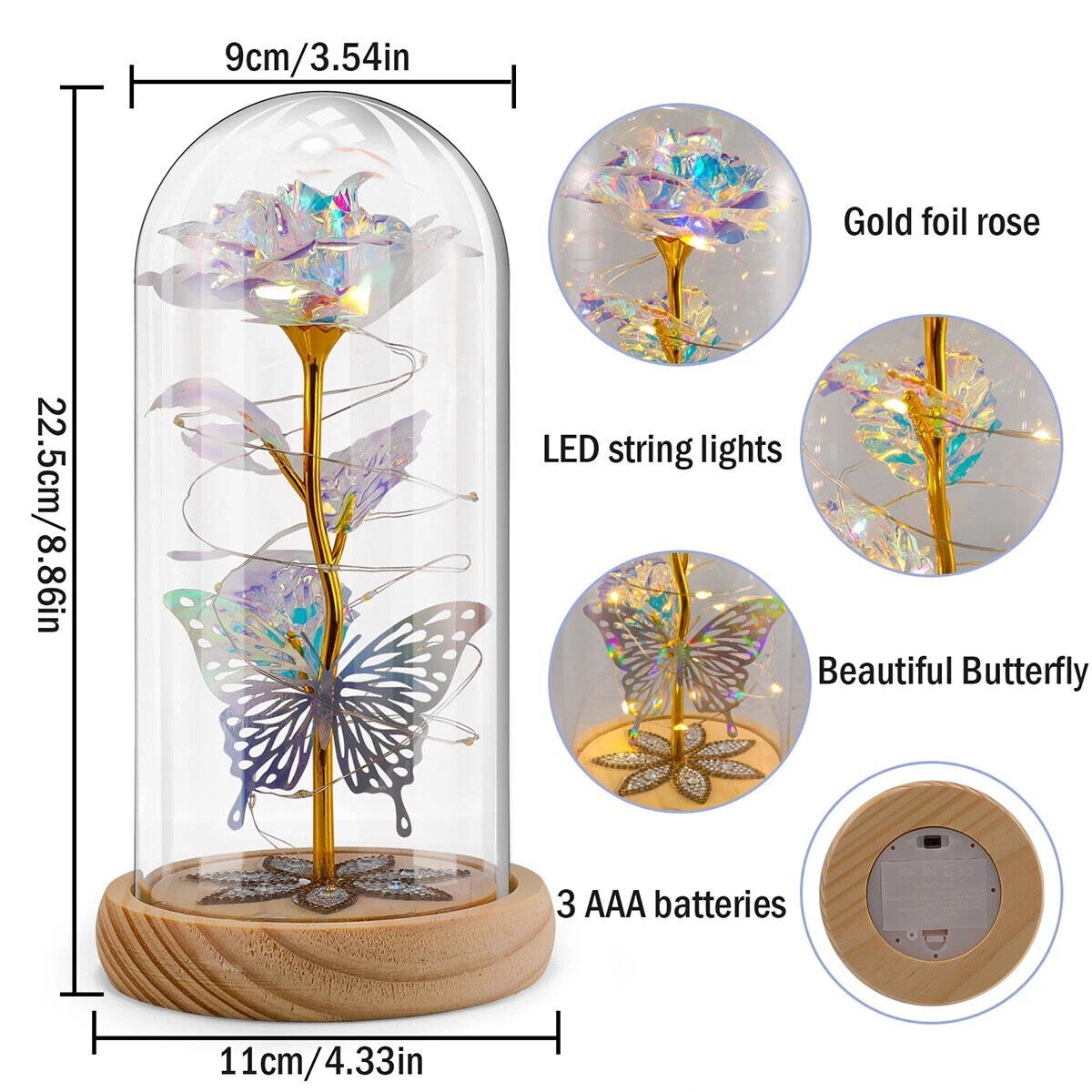 Eternal Preserved LED Rose with Butterfly in Glass Dome D&#xE9;cor