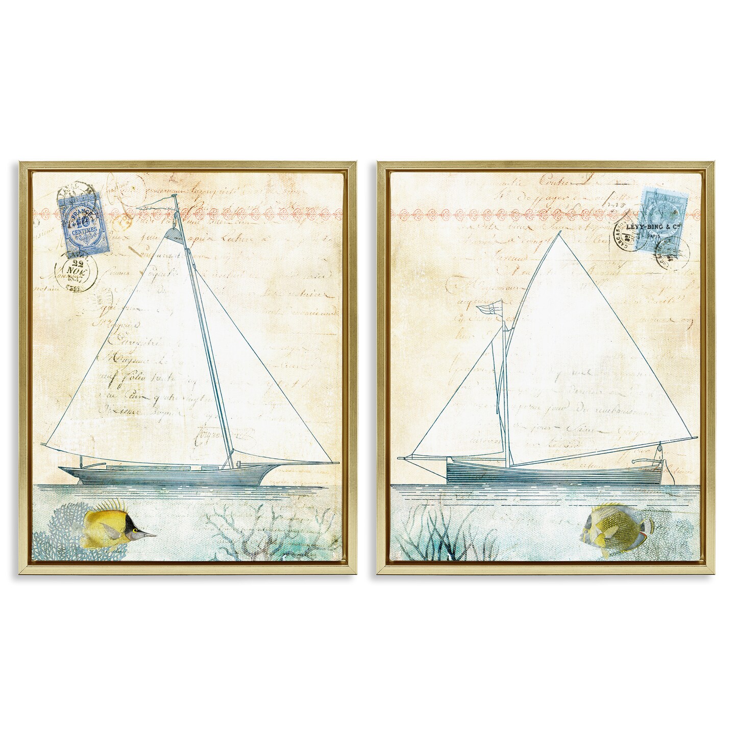 Stupell Industries Sailboats with Vintage Postage 2pc Floating Frame Set By Susan Arnot