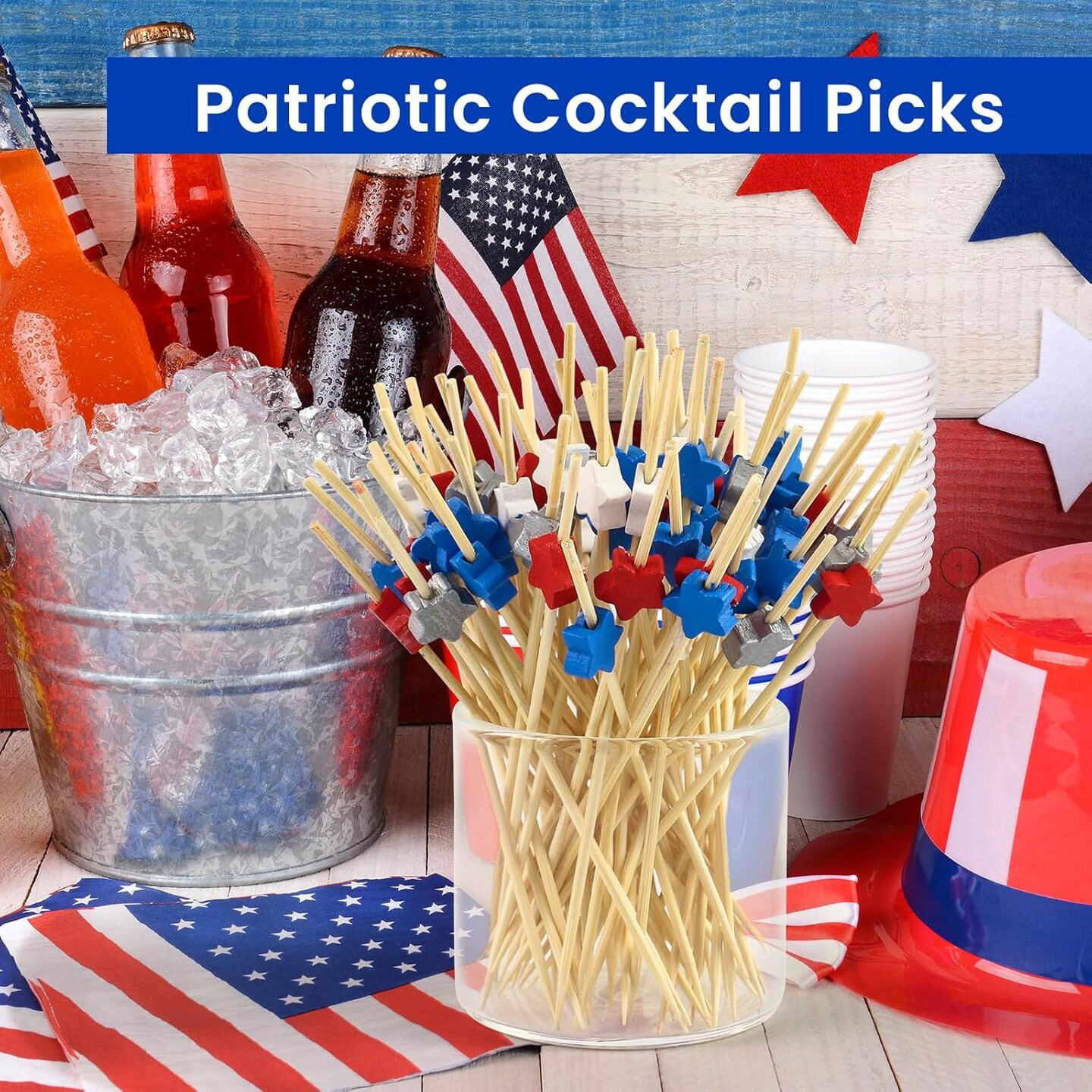 100PCS Star Cocktail Picks 4.7 Inch, Red White Blue Patriotic Toothpicks Bamboo Appetizer Independence Day Party