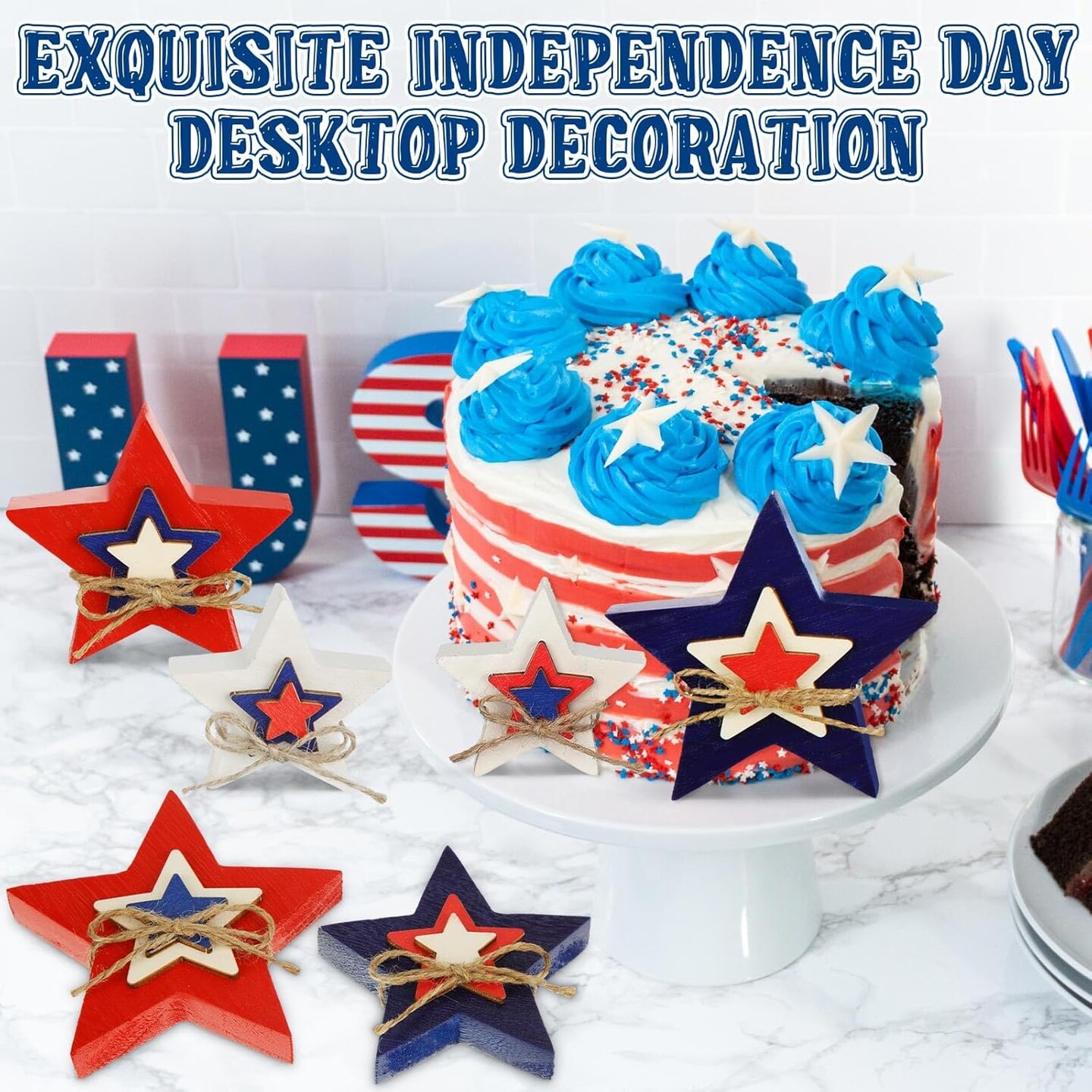 6 Pcs Patriotic Wooden Stars Signs Memorial Day Decorations Red White and Blue Embossed Star 4th of July Table Decor