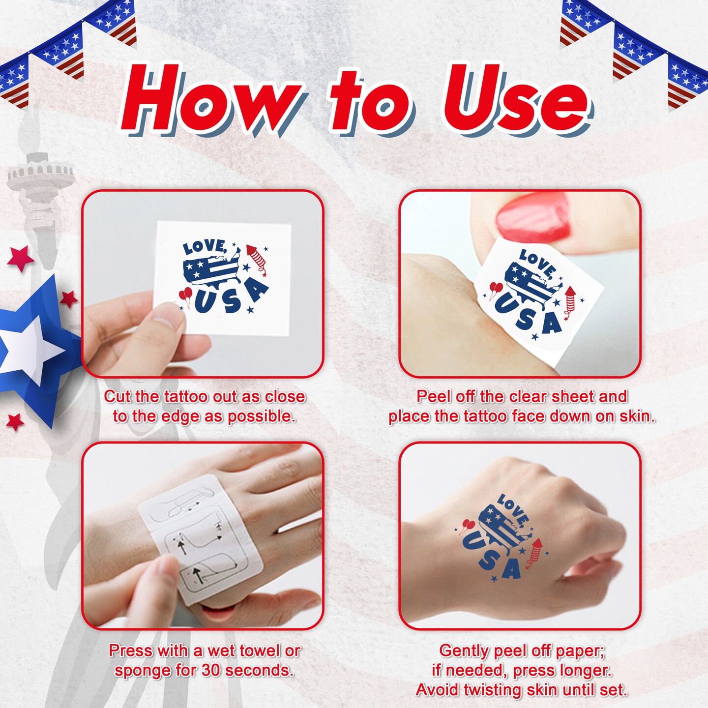 4E&#x2019;s Novelty Patriotic Temporary Tattoos 100 Pcs, 4th of July Tattoos for Kids, American Flag Temporary Tattoos, Waterproof Fake Tattoos for Independence Day Party Supplies, Memorial Day Decorations