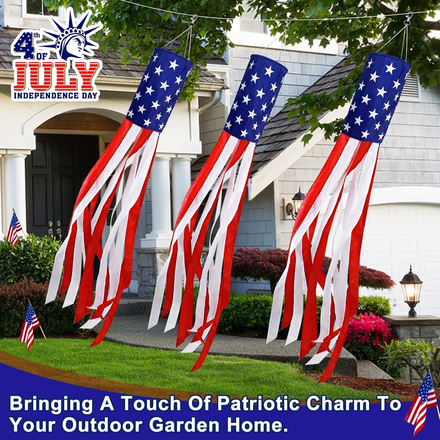 3 Pack 70 Inch Large American Flag Windsock with Lights 4th of July Decorations, Patriotic Fourth of July Outdoor Decor
