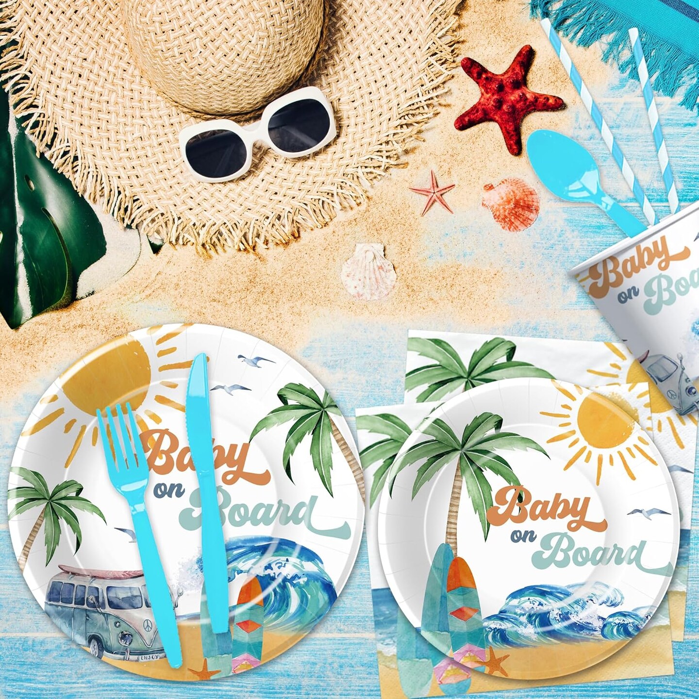 Surf Baby Shower Decorations Tableware, Baby On Board Baby Shower Decorations, Paper Plate, Cup, Napkin, Disposable Cutlery, Summer Wave Beach Surfing Party Supplies For Baby Shower