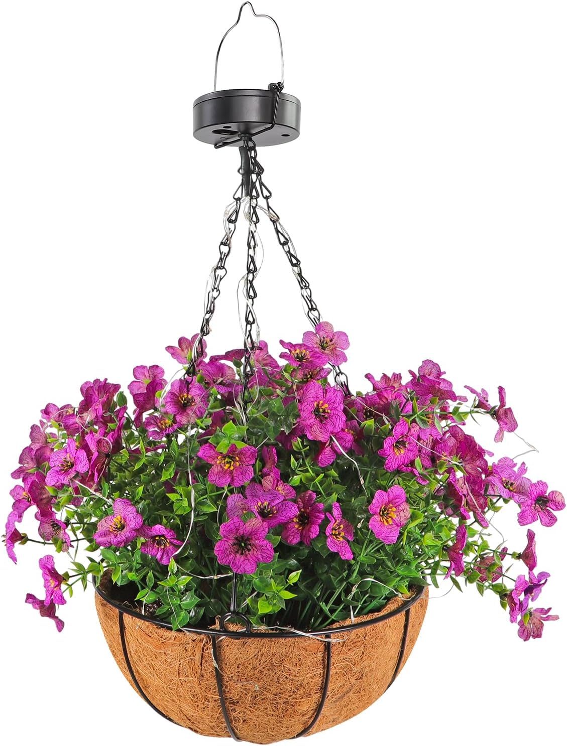 Solar Hanging Flower Basket – 10” UV-Resistant Faux Flowers with Solar Lights Garden Decor (Purple)