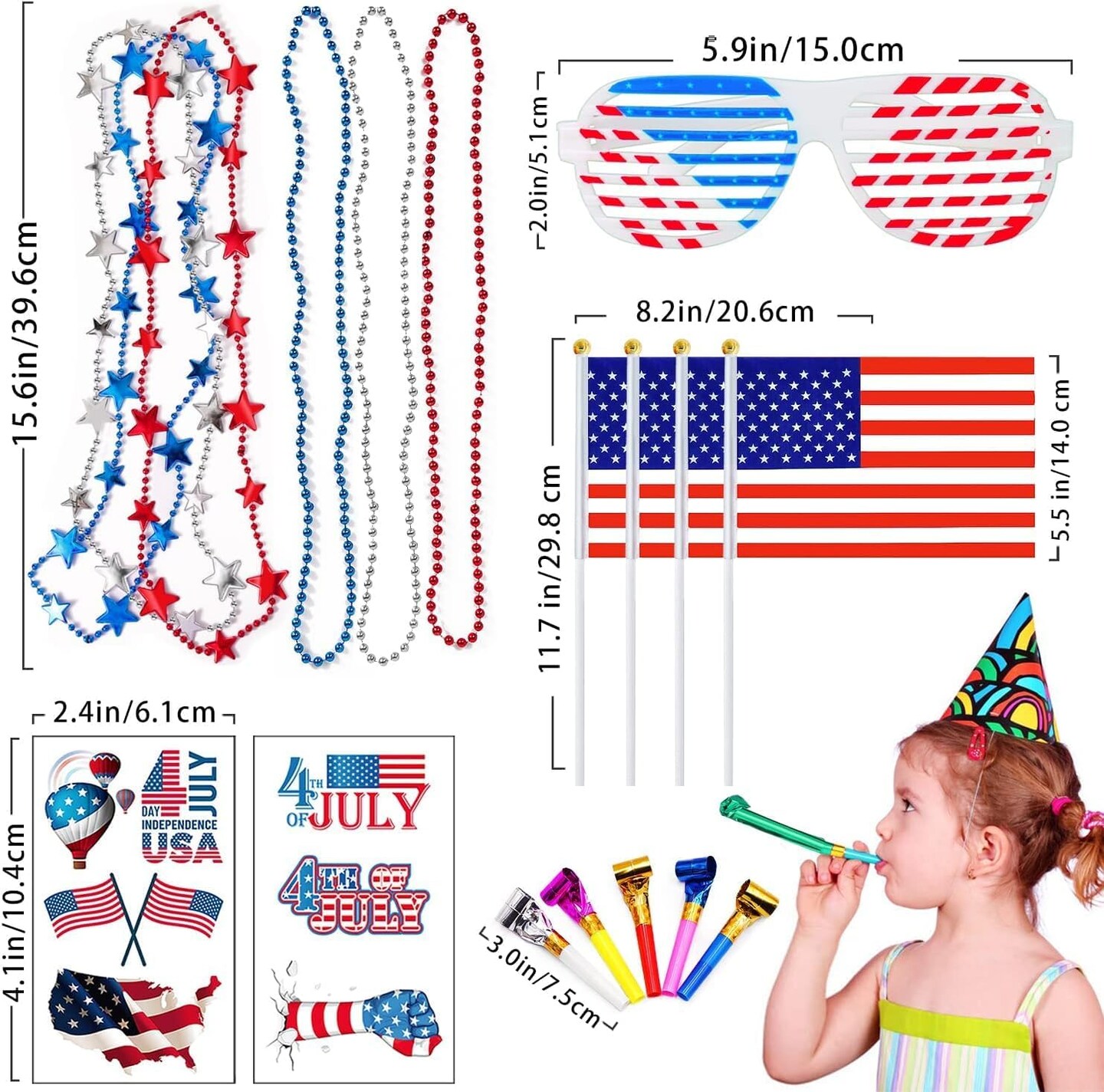 86PCS 4th of July Party Favors – Glasses, Necklaces, Flags, Blowouts & Tattoos